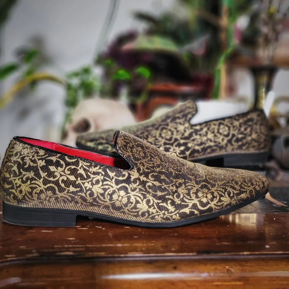 Henry Ferrera Gold Black Brocade‎ Smoking Loafers Slip On Dress Shoes Men's 10.5